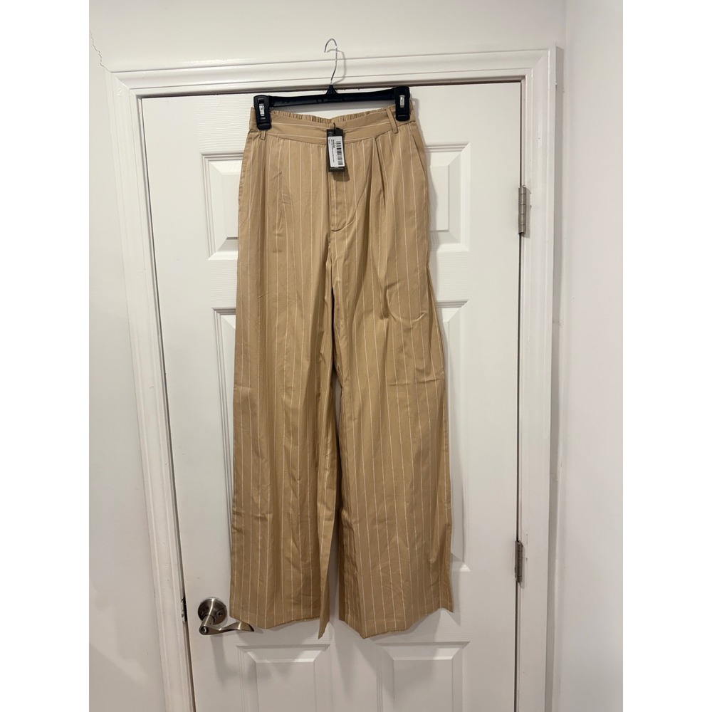 PrettyLittleThing Stone Poplin Pinstripe Tailored Wide Leg Trousers Tan US 2 NEW
